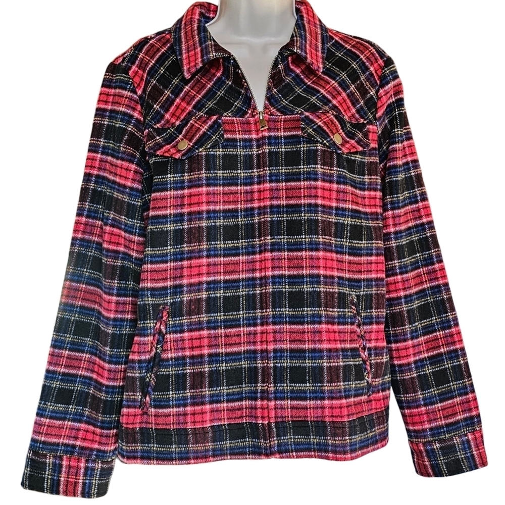 Christopher & Banks Women's Wool Blend Plaid Zip-Up Trucker Jacket Shacket